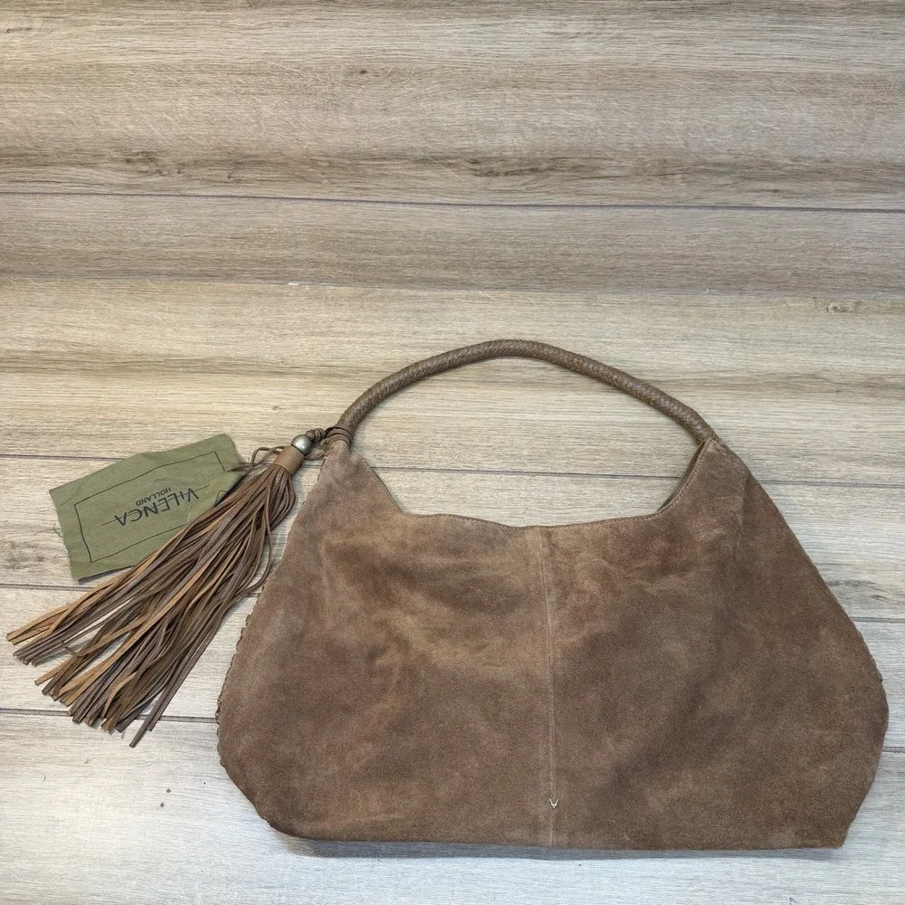 Vilenca Holland Suede Slouchy Hobo Shoulder Bag Brown Boho Whipstitch Tassel